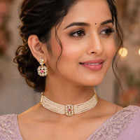 NAFJ Graceful Polki Kundan Stone And Pearl Choker Necklace Set