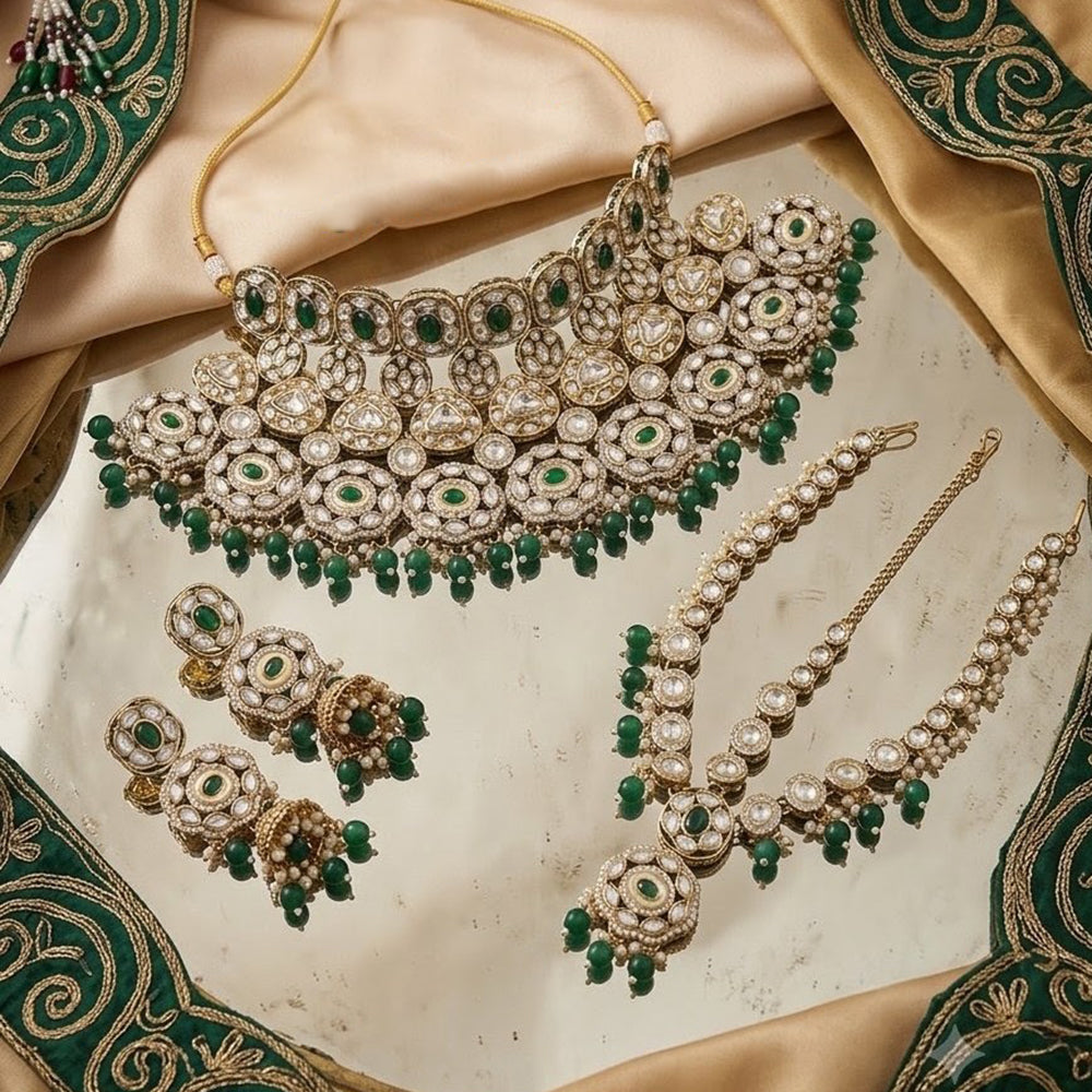 NAFJ Classic Kundan Stone Pearl And Beads Choker Necklace Set With Damini Maangtikka
