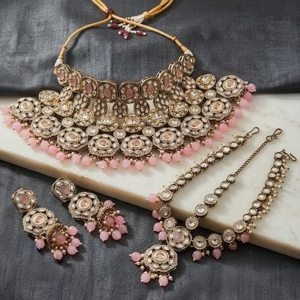 NAFJ Classic Kundan Stone Pearl And Beads Choker Necklace Set With Damini Maangtikka