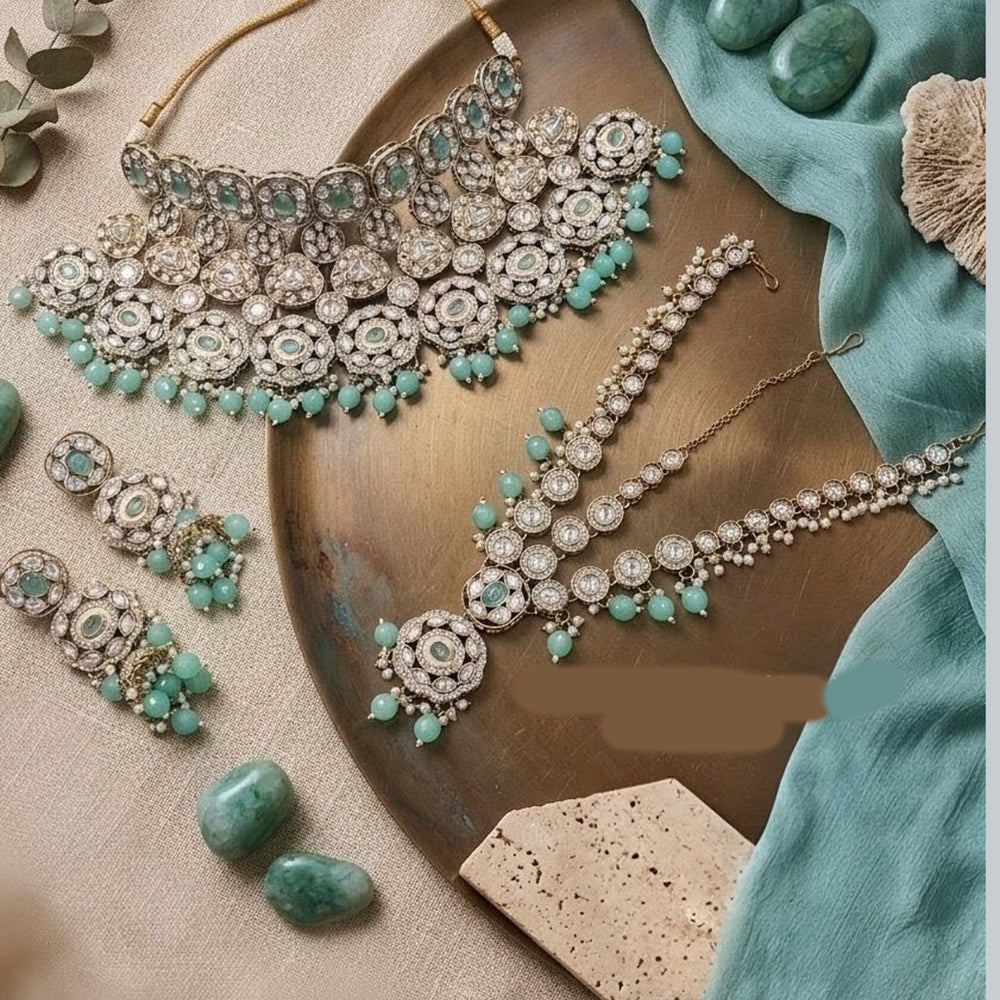 NAFJ Classic Kundan Stone Pearl And Beads Choker Necklace Set With Damini Maangtikka