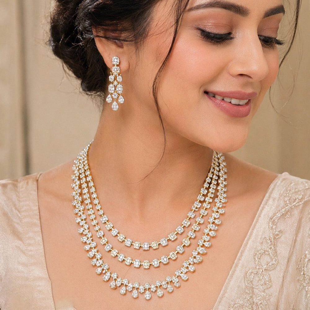 NAFJ Graceful Crystal Stone Three Layer Necklace Set