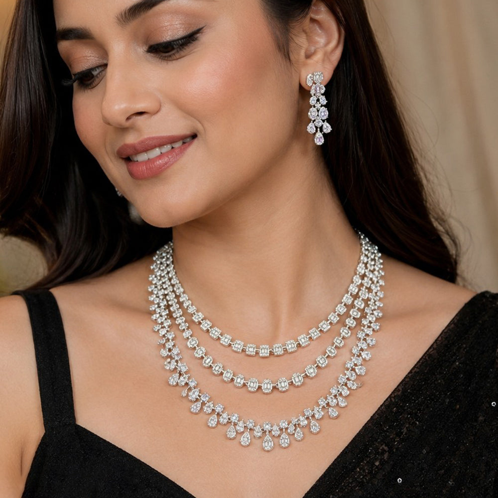 NAFJ Graceful Crystal Stone Three Layer Necklace Set