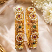 NAFJ Gold-Plated Pota Stone and Pearl Bangles Set for Women | Traditional Indian Ethnic Jewelry