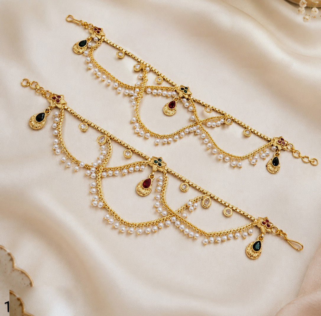 NAFJ Gold Plated Kundan Stone And Pearl Payal / Anklet