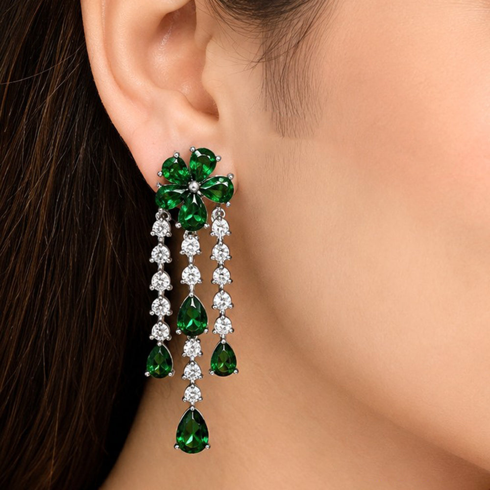 NAFJ Silver Plated Ad Stone Floral Dangler Earrings for Women