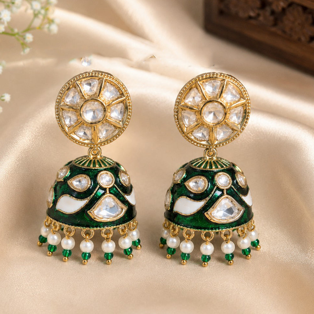 NAFJ Polki Kundan And Meenakari Jhumki Earrings