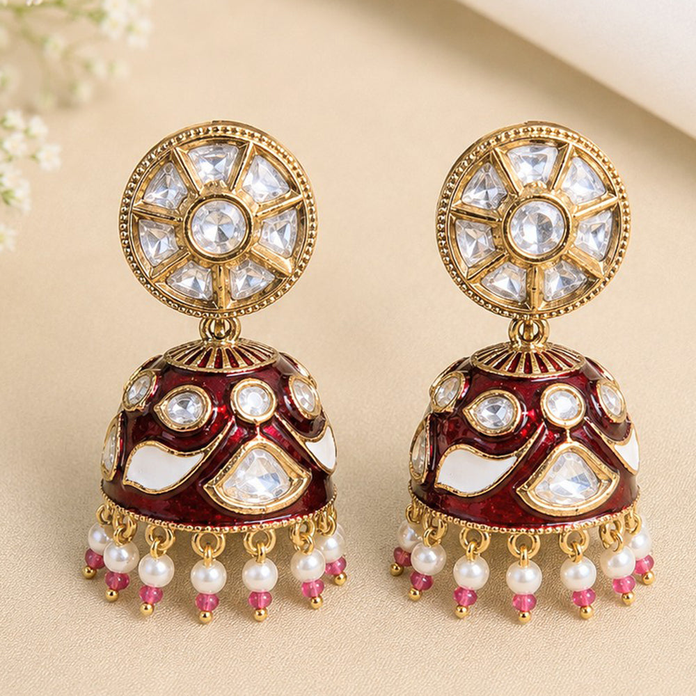 NAFJ Polki Kundan And Meenakari Jhumki Earrings