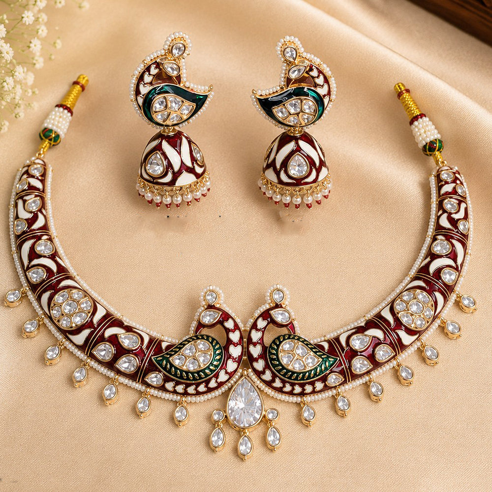 NAFJ Grand Polki Kundan Stone And Meenakari Peacock Choker Necklace Set