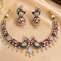 NAFJ Grand Polki Kundan Stone And Meenakari Peacock Choker Necklace Set