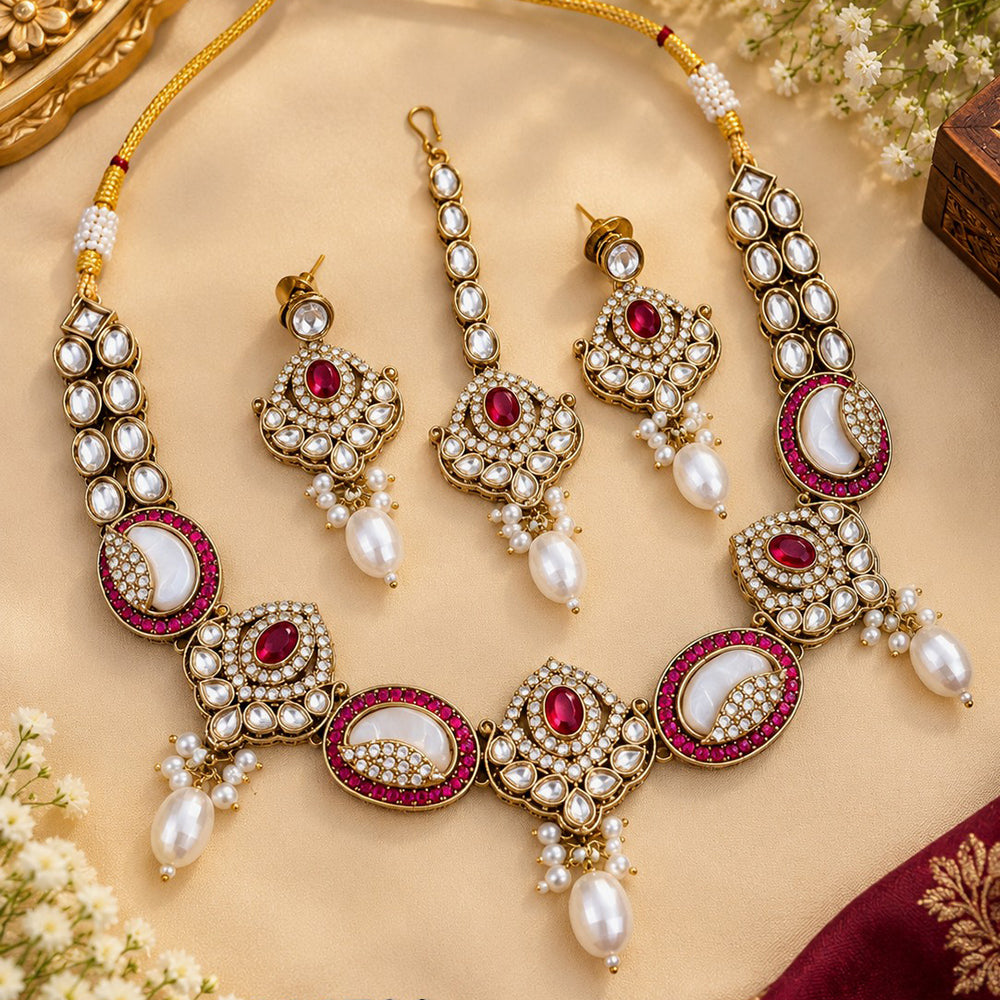 NAFJ Glamorous Pota Stone And Austrian Stone Beads Necklace Set