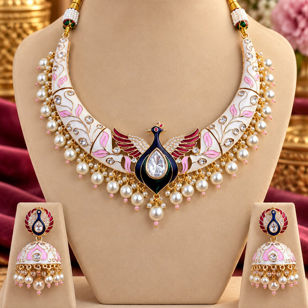 NAFJ Premium Crystal Stone And Meenakari Peacock Necklace Set