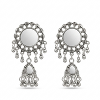 Urthn Antique Silver-Toned Oxidised Jhumki Earrings With Mirror Work(Pack of 6)
