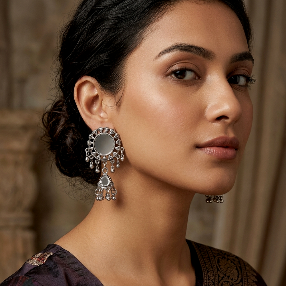 Urthn Antique Silver-Toned Oxidised Jhumki Earrings With Mirror Work(Pack of 6)