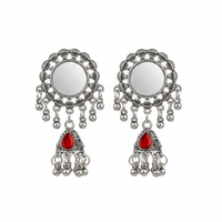 Urthn Antique Silver-Toned Oxidised Jhumki Earrings With Mirror Work(Pack of 6)