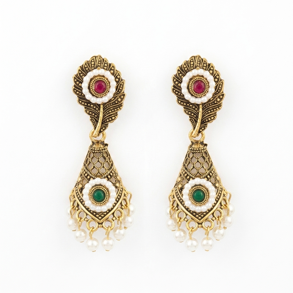Urthn Antique Gold Plated Pearl & Stone Dangler Earrings for Women(Pack Of 6)