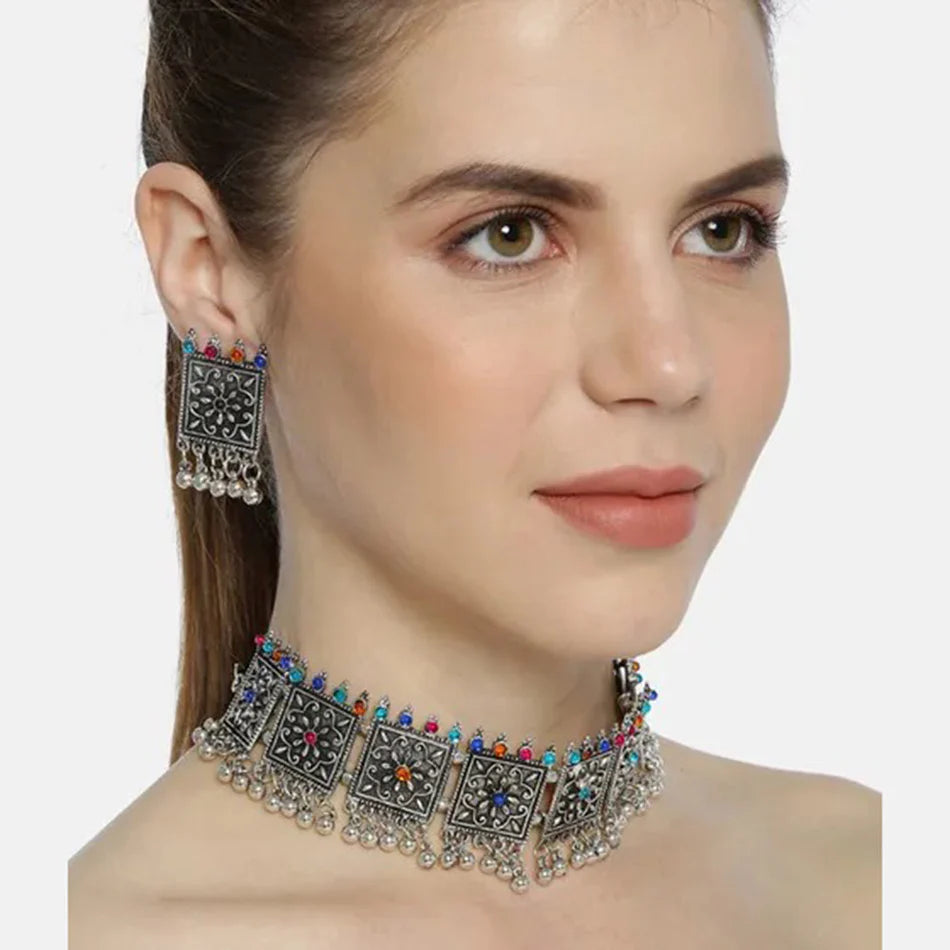 Darshana Jewels Oxidised Plated Boho Style Pota Stone And Pearl Choker Necklace Set
