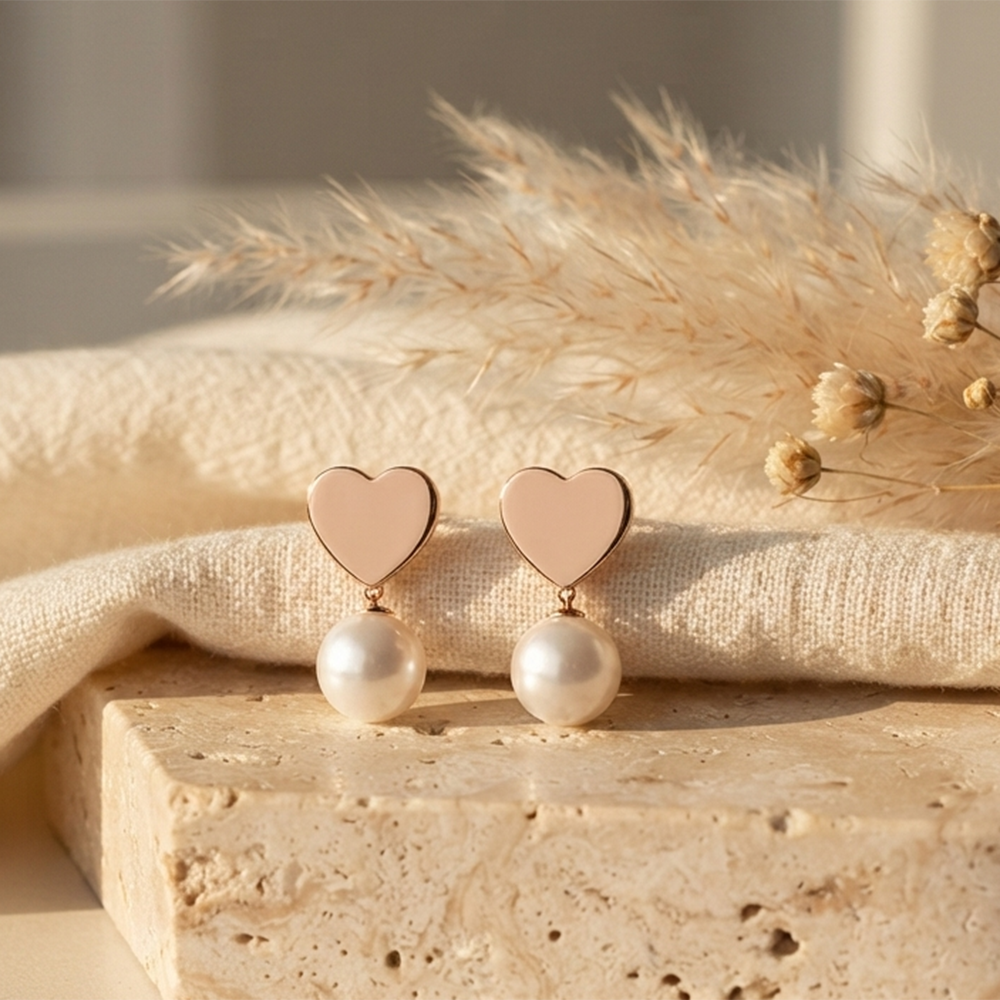 Darshana Jewels  Rose Gold Plated Heart Pearl Stud Earrings for Women  (Set of 6)