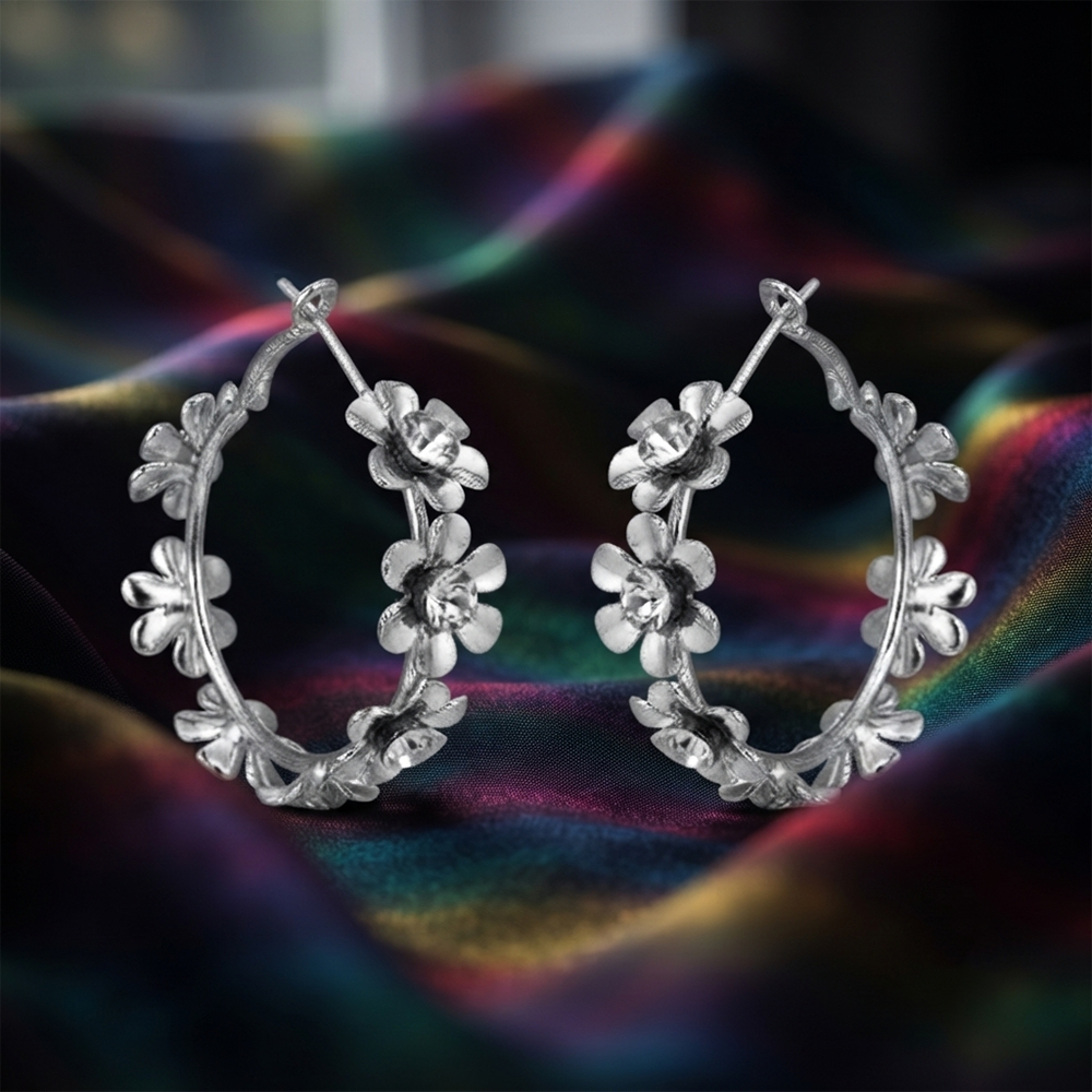 Darshana Jewels  Silver Floral Austrian Stone  Hoop Earrings for Women  (Set of 6)