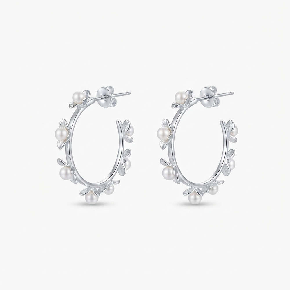 Darshana Jewels  Silver Floral Pearl Hoop Earrings for Women  (Set of 6)