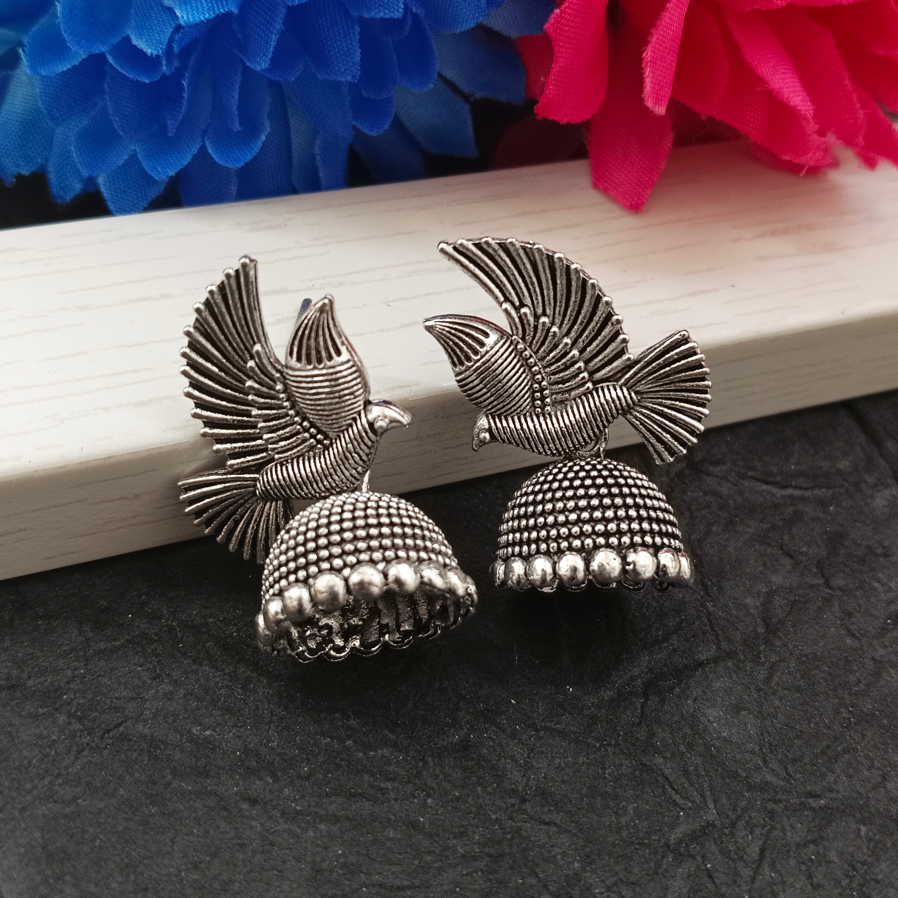 Darshana Jewels  Oxidised Plated Bird Design Jhumki Earrings(Pack of 6)