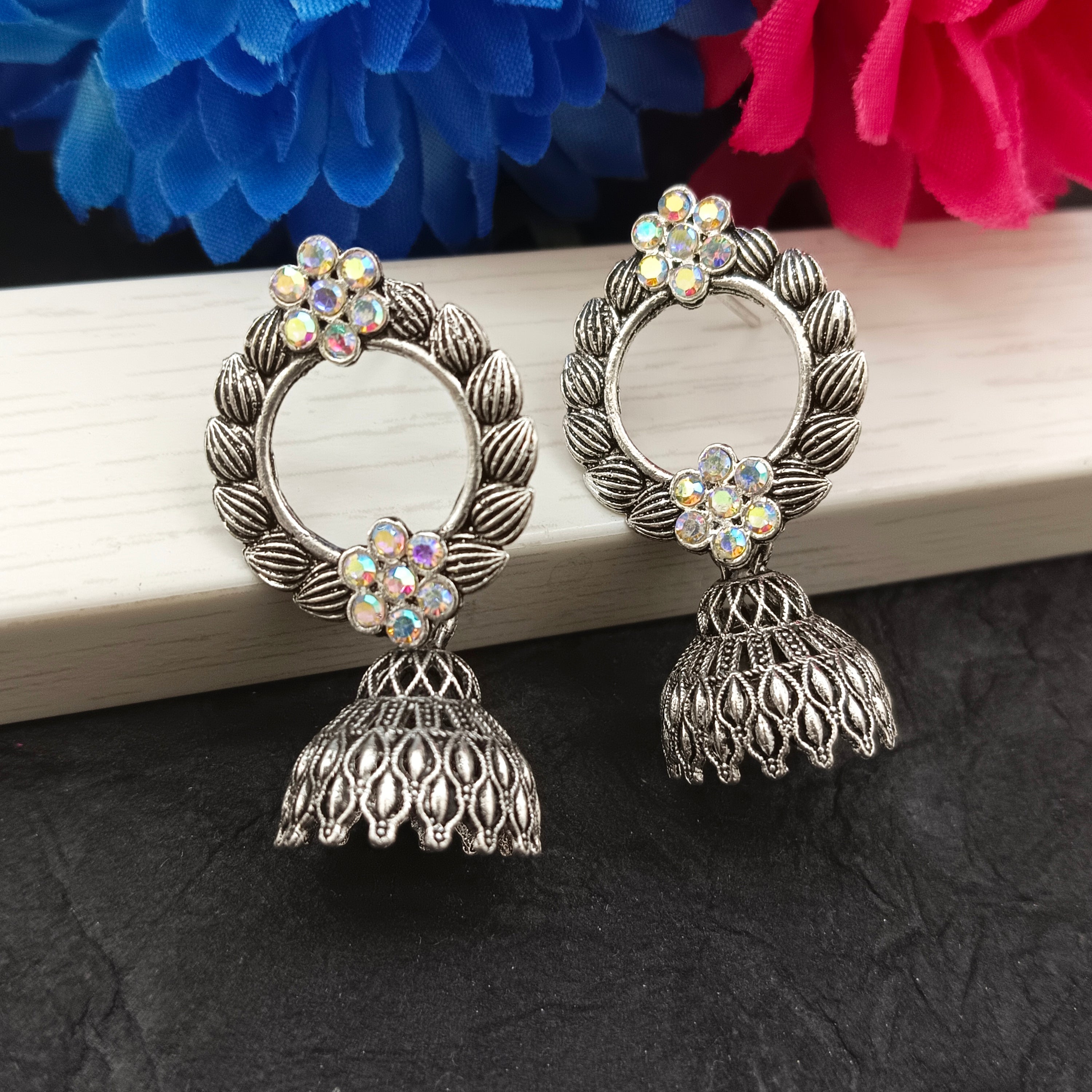 Darshana Jewels  Oxidised Plated Round Shape Jhumki Earrings(Pack of 6)