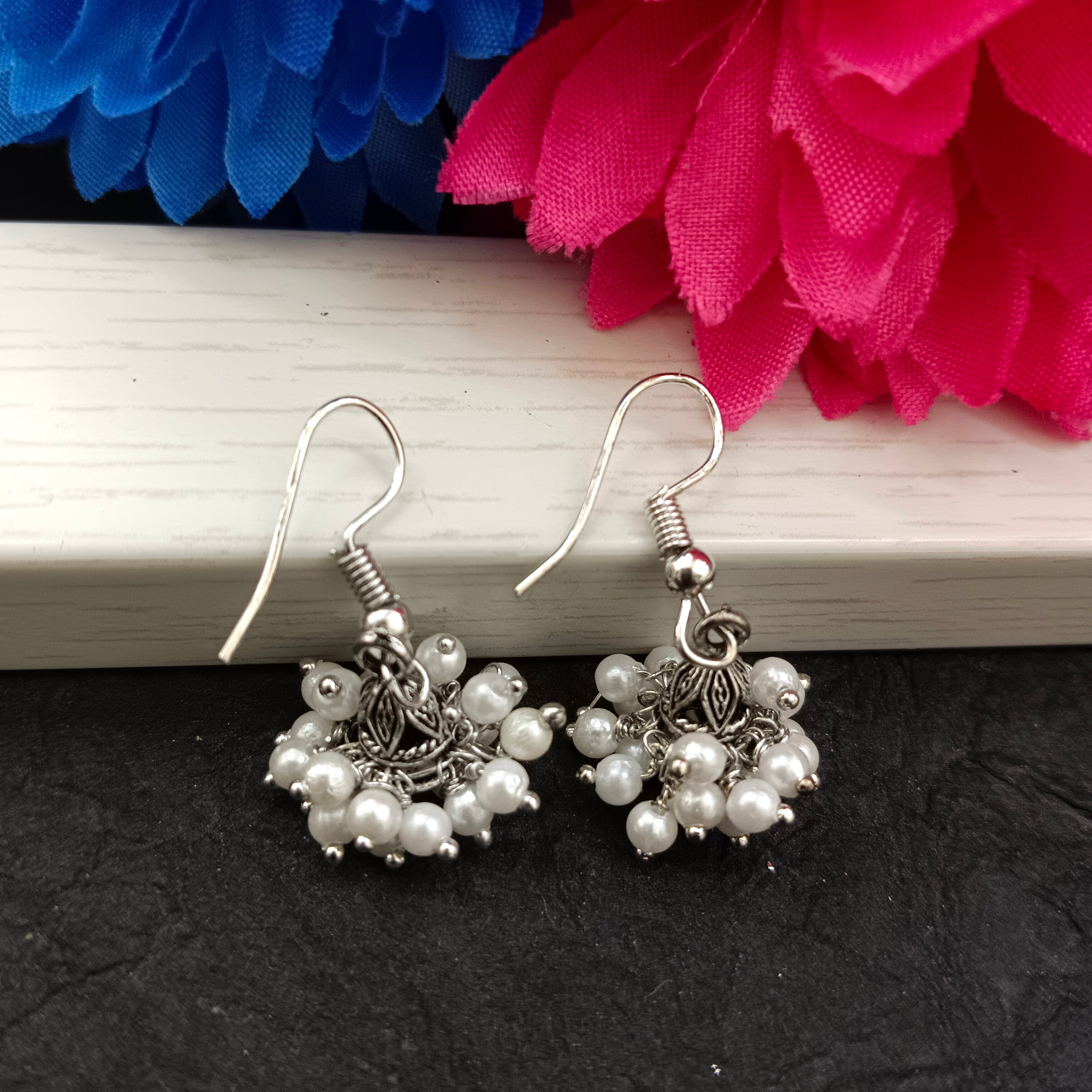 Darshana Jewels  Oxidised Plated White Pearl Small Jhumki Earrings(Pack of 6)