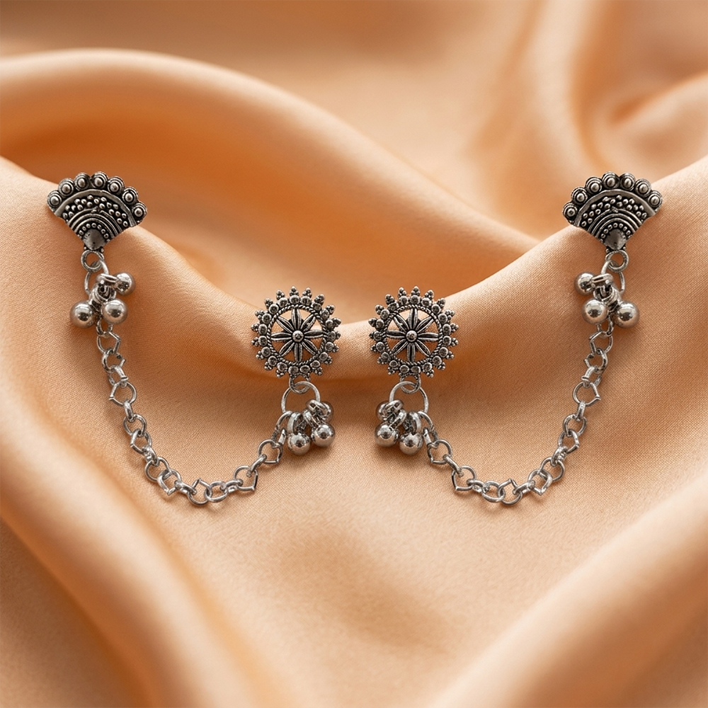 Urthn Oxidised Ear Cuff Earring for Women Antique Silver-Toned Fashion Jewelry (Pack of 6)