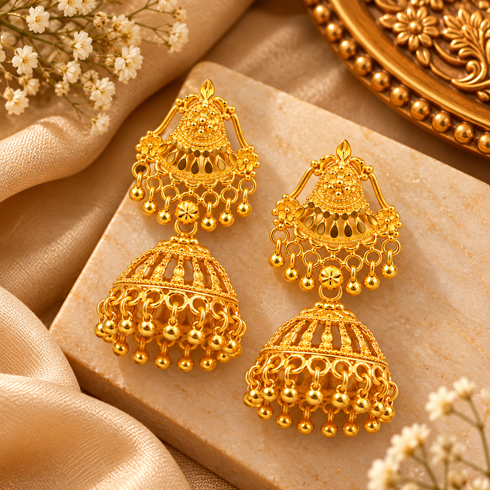 Urthn Timeless Gold Plated Jhumki Earrings | Elegant Traditional Jewellery for Weddings & Festive Occasions
