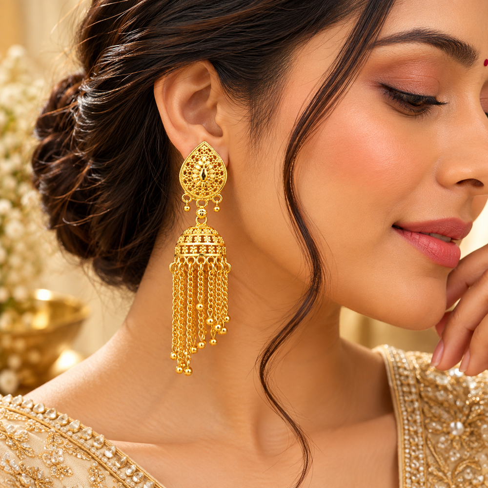 Urthn Traditional Gold Plated Jhumki Earrings with Long chain Tassels( Pack of 6)