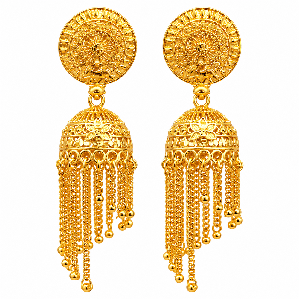 Urthn Heritage Inspired Gold Plated Jhumka Earrings with Long chain Tassels( Pack of 6)