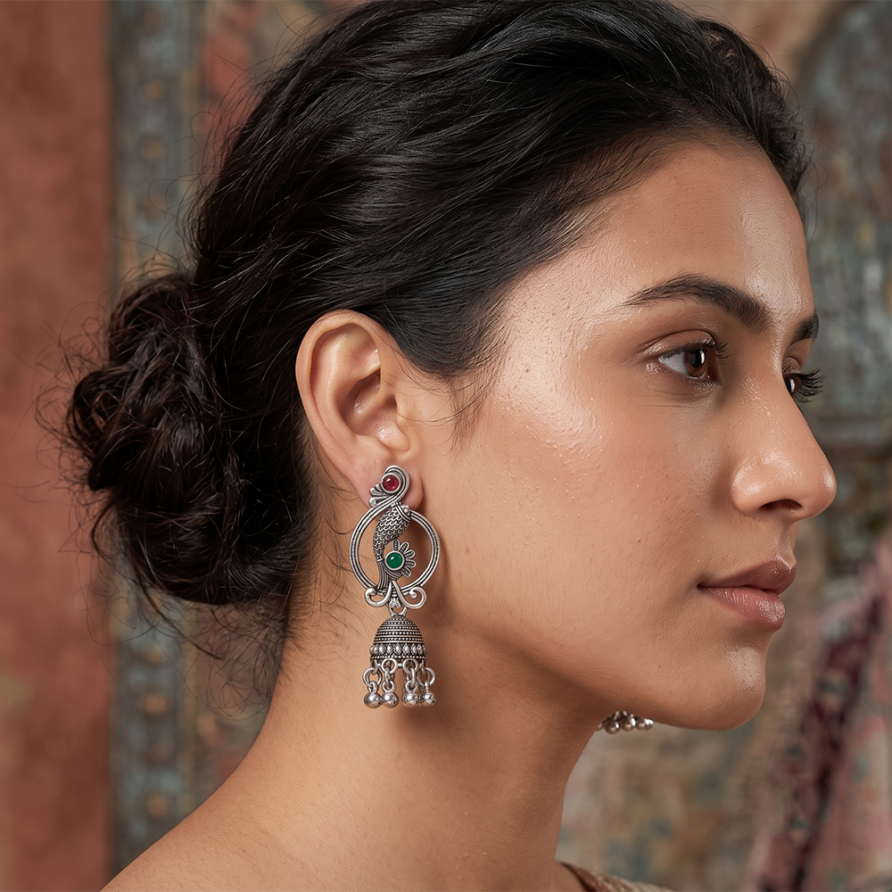 Urthn Oxidised Silver Plated Traditional Fish Motif  Jhumki Earrings for Women(Pack Of 6)
