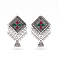 Urthn Oxidised Silver Plated Traditional Jhumki Earrings for Women(Pack Of 6)