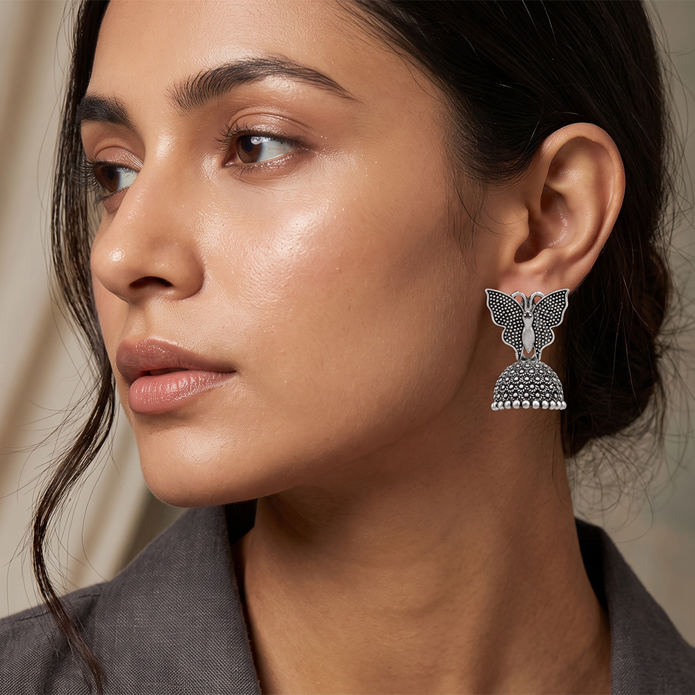 Urthn Oxidised Silver Plated Traditional Butterfly Shape Jhumki Earrings for Women(Pack Of 6)