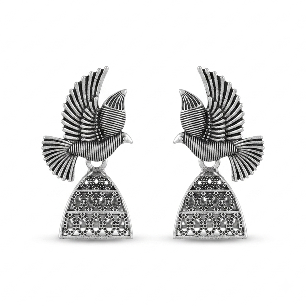 Urthn Oxidised Silver Plated Traditional Bird  Shape Jhumki Earrings for Women(Pack Of 6)