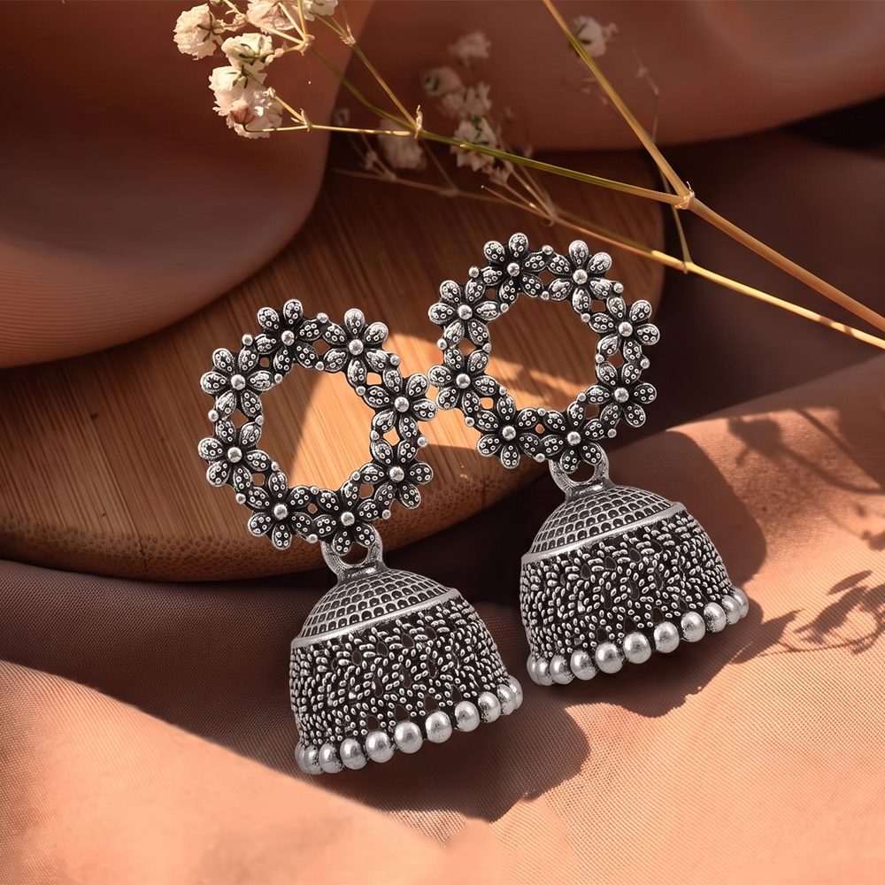 Urthn Oxidised Silver Plated Traditional Jhumki Earrings for Women