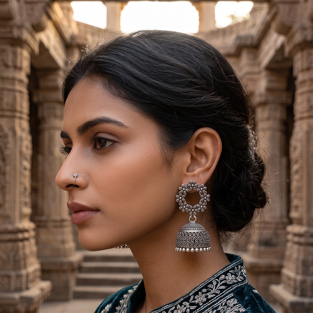 Urthn Oxidised Silver Plated Traditional Jhumki Earrings for Women(Pack Of 6)
