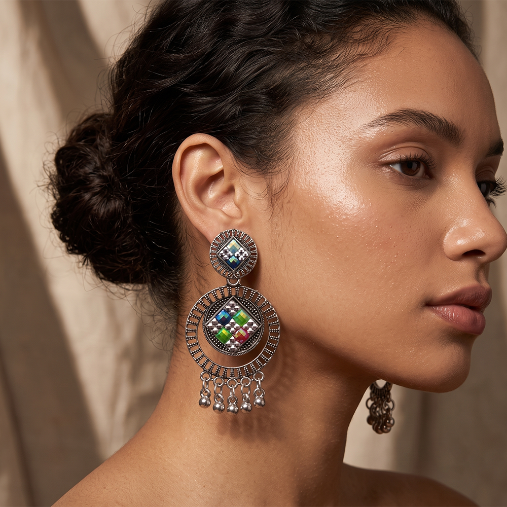 Urthn Oxidised Silver Plated Traditional Jhumki Earrings for Women