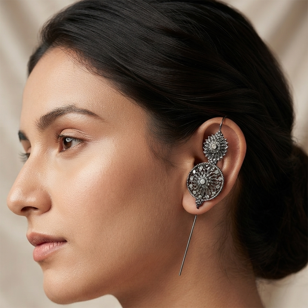 Urthn Oxidised Plated Round Ear cuff(Pack of 6)