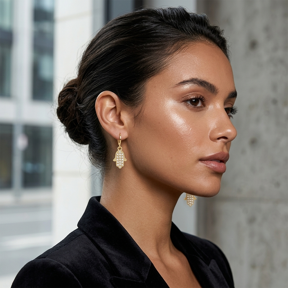 Urthn Gold Plated Austrian stone Hamsa Shape Hoop Earrings for Women
