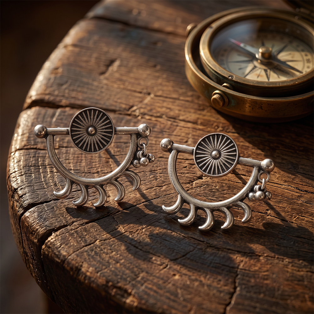 Urthn Oxidised Silver Sunburst Stud Earrings for Women