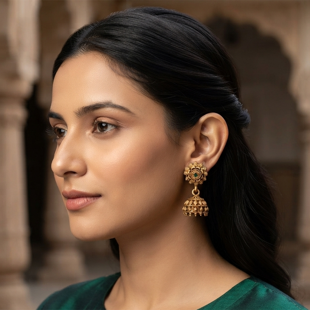 Urthn Antique Gold Plated Temple Jhumki Earrings(Pack of 6 )