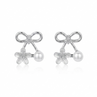 Urthn Korean Style Silver Plated Flower & Pearl Stud Earrings (Pack of 6 )