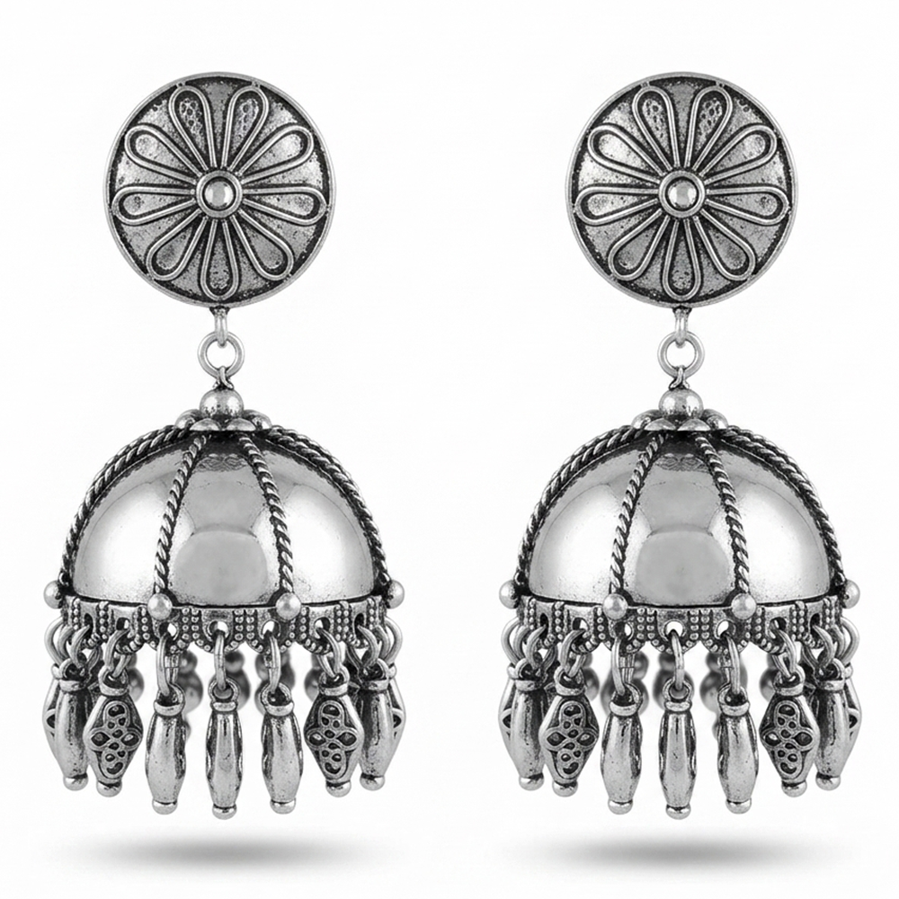Urthn These oxidised silver jhumka earrings feature a floral stud for Women(Pack of 3)