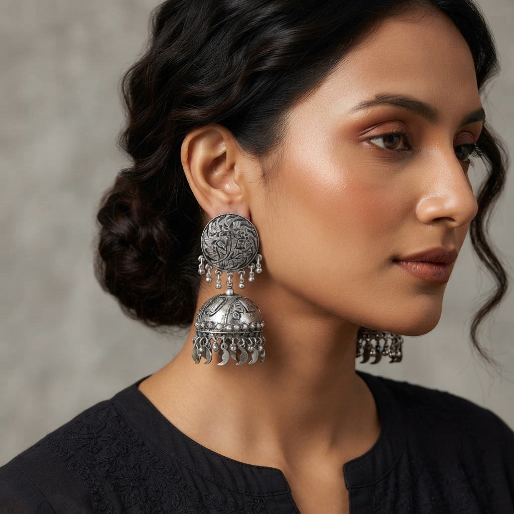 Urthn These oxidised silver jhumka earrings feature a floral stud for Women(Pack of 3)