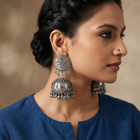 Urthn These oxidised silver jhumka earrings feature a floral stud for Women(Pack of 3)