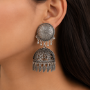 Urthn These oxidised silver jhumka earrings feature a floral stud for Women