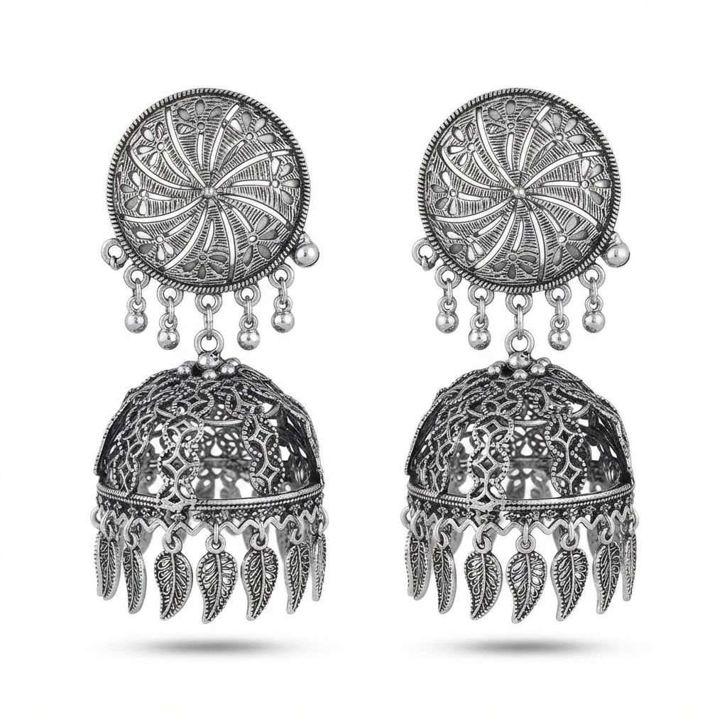 Urthn These oxidised silver jhumka earrings feature a floral stud for Women(Pack of 3)
