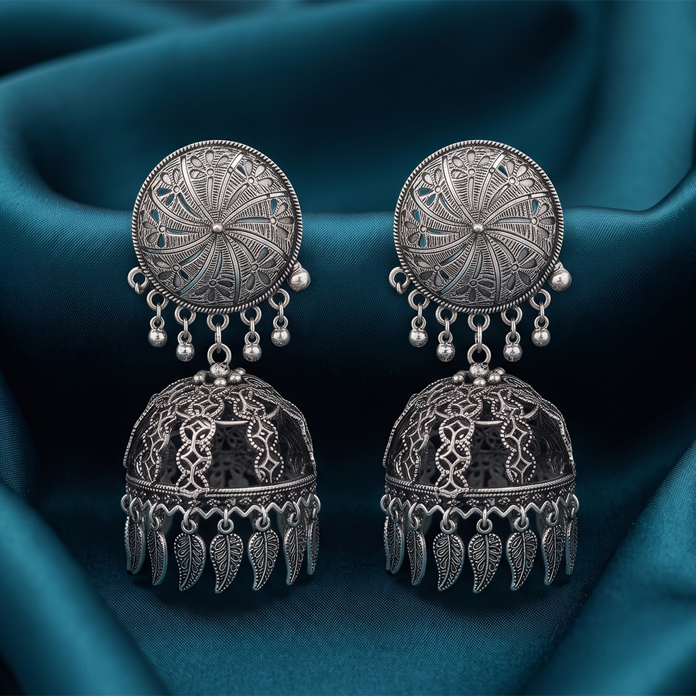 Urthn These oxidised silver jhumka earrings feature a floral stud for Women(Pack of 3)