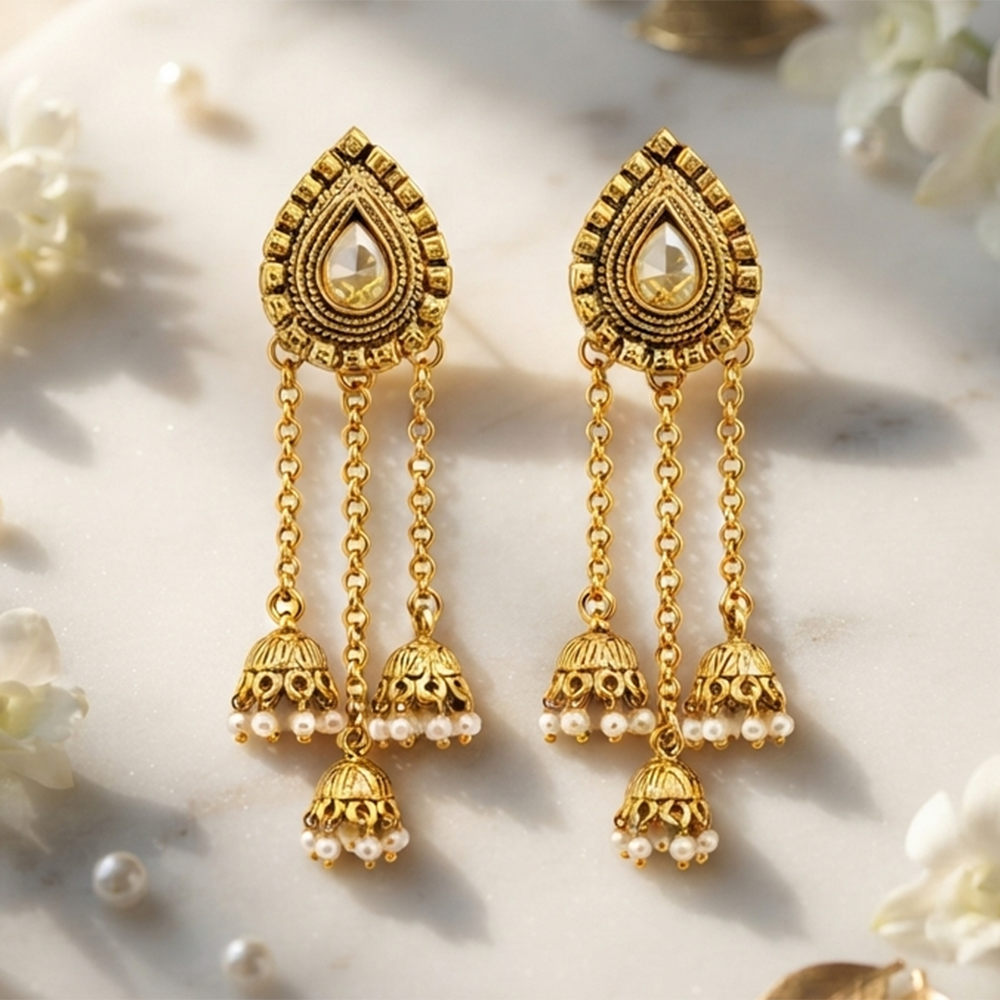 Urthn Designer Gold Plated Austrian Stone Kashmiri Jhumki Earrings for Women(Pack of 3)