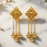 Urthn Festive Gold Plated Chain Kashmiri  Jhumki Earrings with Austrian Stone & Pearl(Pack of 3)